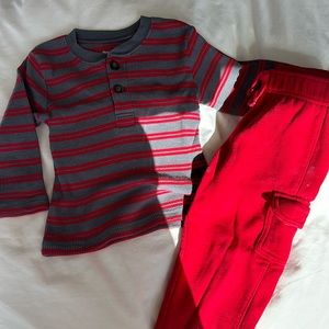 Long sleeve waffle knot top and red joggers